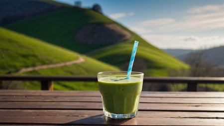 Green smoothie in a glass with a straw on a wooden tableの素材