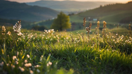 Meadow in the Carpathian mountains at sunset, Ukraineの素材