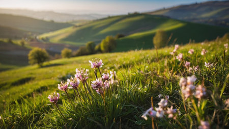 Beautiful landscape in Tuscany, Italy. Flowers on the meadowの素材