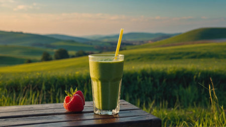 Green smoothie in a glass on a wooden table against the background of the Tuscan landscape.の素材