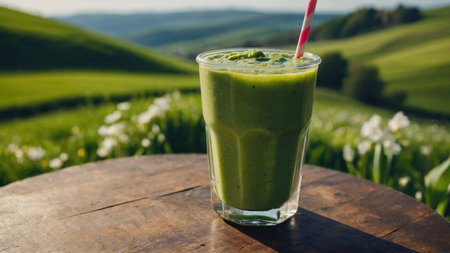 Green smoothie in glass on wooden table in Tuscany, Italyの素材