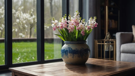 Beautiful spring flowers in vase on wooden table in living roomの素材