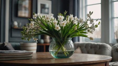 Bouquet of white flowers in a glass vase on a wooden tableの素材
