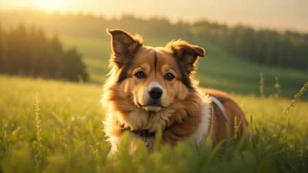 Cute red border collie dog lying in the field at sunsetの素材