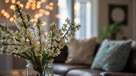 Bouquet of white jasmine flowers in glass vase in living roomの素材
