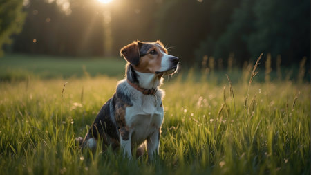 Portrait of a purebred dog Beagle sitting on a green meadow at sunsetの素材