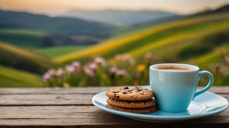 Coffee cup and cookies on wooden table in Tuscany, Italyの素材