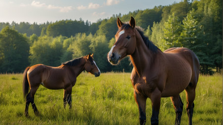 Horses in the meadow at sunset. Beautiful nature background.の素材