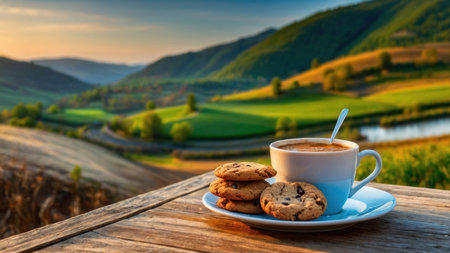 Coffee cup and chocolate cookies on wooden table in Tuscany, Italyの素材