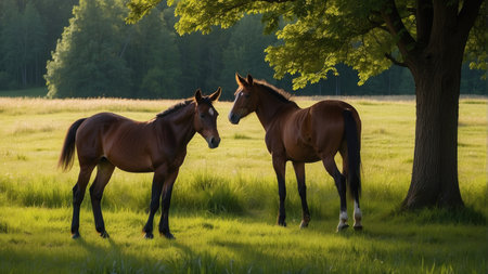 Horses in the meadow on a sunny summer day with green treesの素材