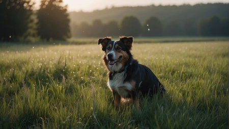 Australian shepherd dog sitting in the field at sunset. Beautiful australian shepherd dog.の素材