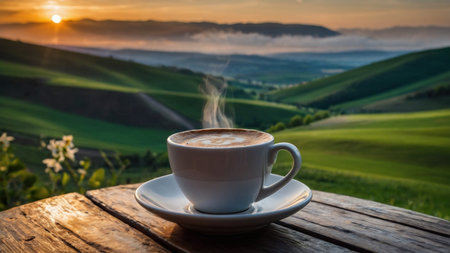 Cup of coffee on the table in Tuscany, Italyの素材