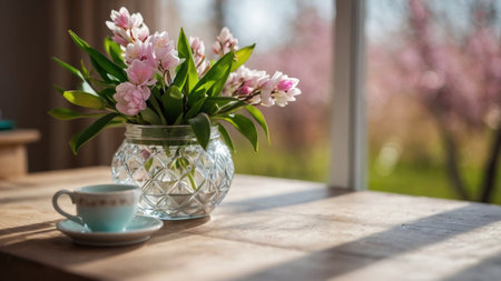 Cup of coffee and pink flowers in vase on wooden tableの素材