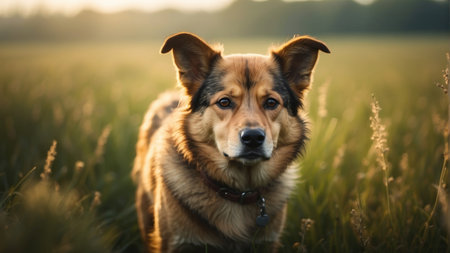Portrait of a cute mixed breed dog in the field at sunsetの素材