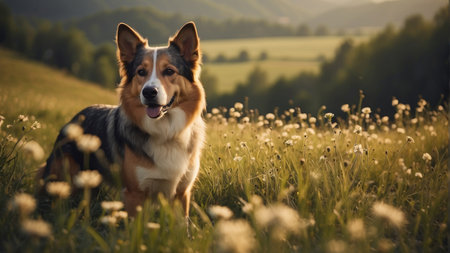 Portrait of a beautiful Australian shepherd dog in the meadow.の素材