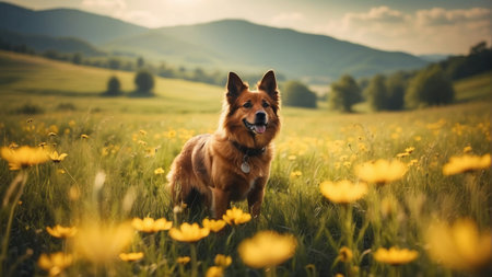 Red dog on the field with yellow flowers in the mountains at sunsetの素材