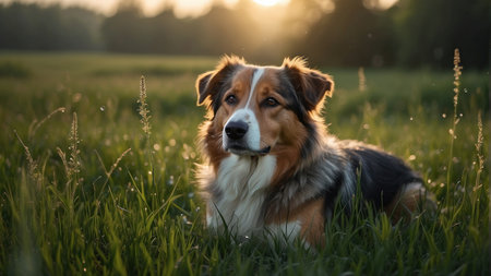 Portrait of a beautiful Australian Shepherd lying in the grass at sunsetの素材