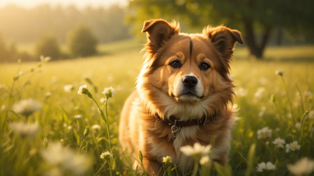 Portrait of a red dog on a green meadow at sunsetの素材