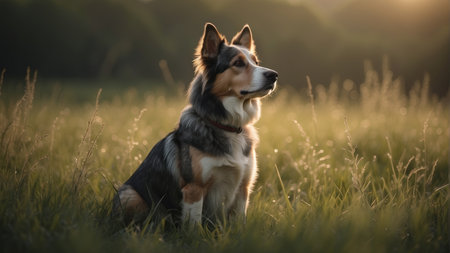Portrait of a Shetland Sheepdog sitting on the grass at sunsetの素材