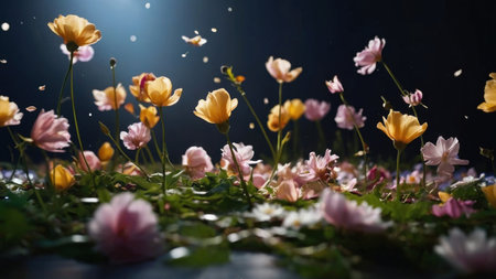 Beautiful flowers in a meadow at night. Soft focus.の素材