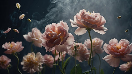 pink peony flowers with smoke on dark background, soft focusの素材