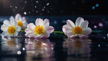 Beautiful spring flowers on a dark background with water drops and reflectionの素材