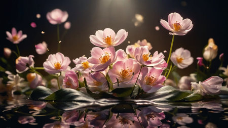Beautiful spring flowers on a dark background with reflection. Soft focus.の素材