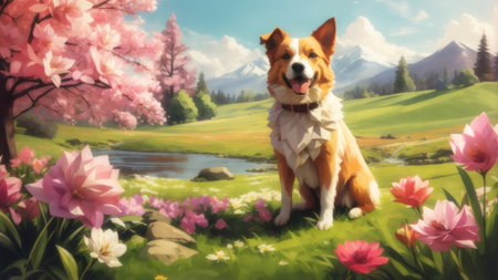 Digital painting of a dog standing in front of a lake surrounded by flowersの素材
