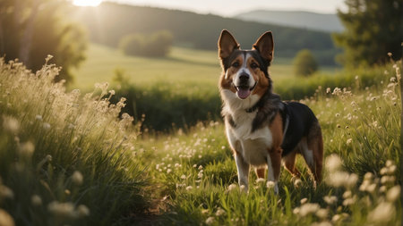 Portrait of a beautiful Australian Shepherd in the meadow at sunsetの素材