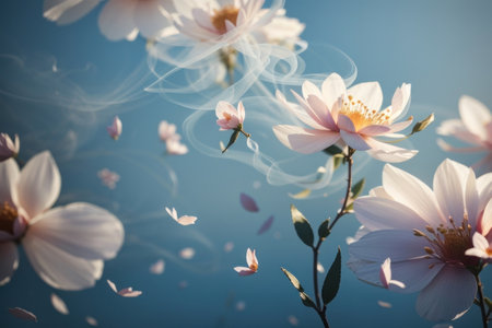 Beautiful white magnolia flowers on blue sky background, retro tonedの素材