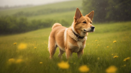 Wet Welsh Corgi dog standing in the meadow under the rainの素材