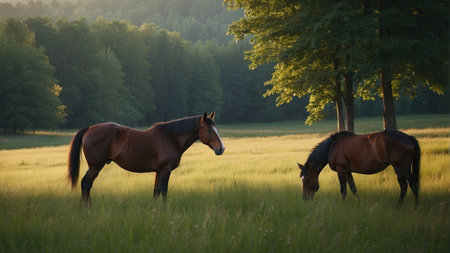 Horses grazing in a meadow in the rays of the setting sunの素材