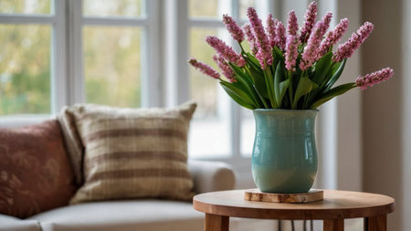 Vase with pink hyacinths on a table in the living roomの素材