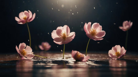 Beautiful pink anemone flowers floating in water on dark backgroundの素材