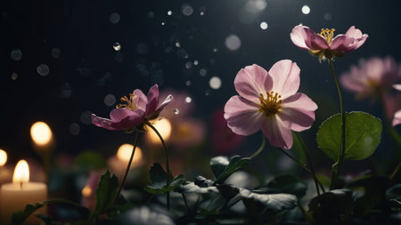 Beautiful flowers in the garden with candles and bokeh backgroundの素材
