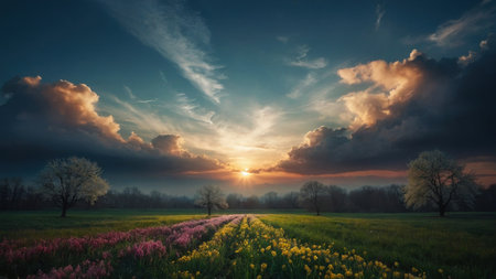 Beautiful sunset over a meadow with daffodils and treesの素材