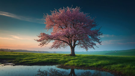 Beautiful spring landscape with blooming tree in the meadow.の素材