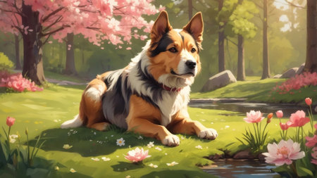 Red Border Collie dog in blooming spring garden. Digital painting.の素材