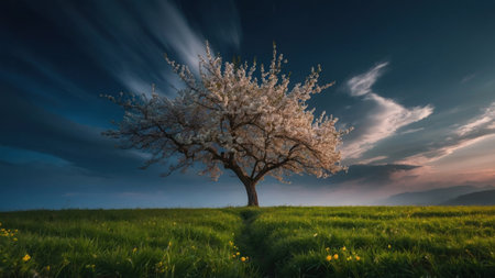 Almond tree in the meadow at sunset. Spring landscape.の素材