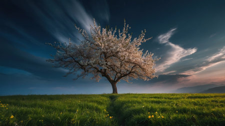 Almond tree in the meadow at sunset. Spring landscape.