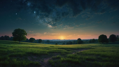 Beautiful landscape with starry sky over the meadow at sunriseの素材