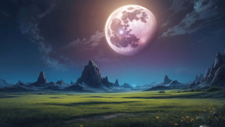 Fantasy landscape. Mountain meadow and moon.の素材
