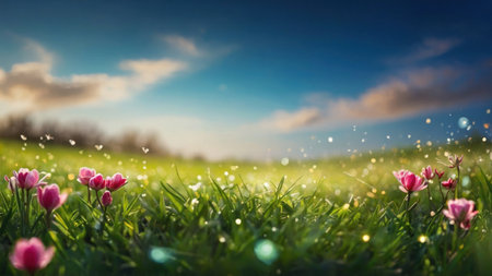 Spring field with pink tulips and bokeh lights. Nature background.の素材