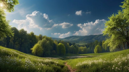 Beautiful spring landscape. Panoramic view of the meadow and forest.の素材