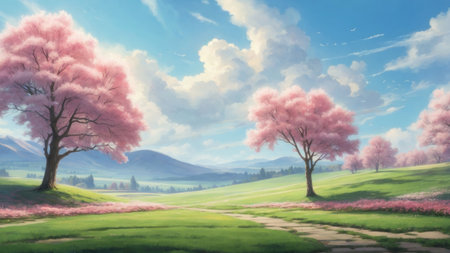 Cherry blossoms in a spring landscape with blue sky and cloudsの素材