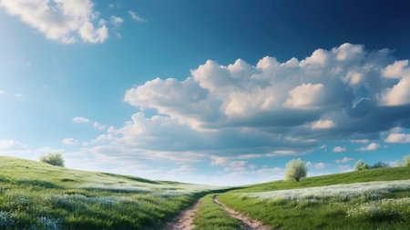 Green meadow and blue sky with white clouds.の素材