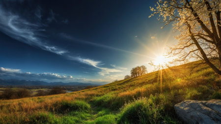 Sunset over a meadow with trees and grass in the foregroundの素材