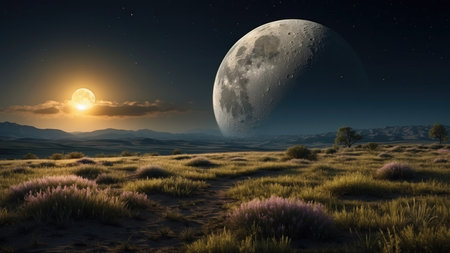 Fantasy alien planet. Mountain meadow and moon. 3D illustrationsの素材