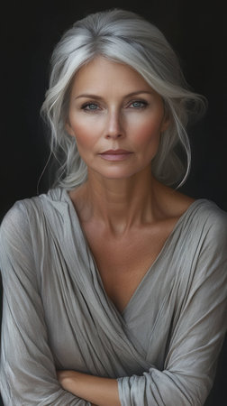 Portrait of a beautiful blonde woman in a gray dress on a black backgroundの素材