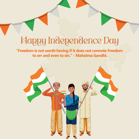 Happy independence day of India banner with indian people vector illustration graphic design.Indian tricolor background for 15th August Happy Independence Day of Indiaの写真素材